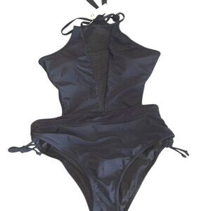 Beachsissi Womens Black One-Piece Swimsuit Halter Neck Size L